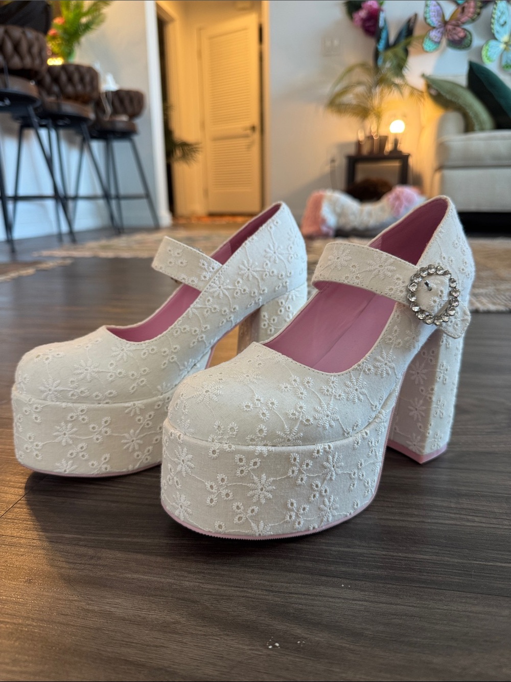Sugar Thrillz White Floral Lace Mary Jane Platform Heels with Pink Lining